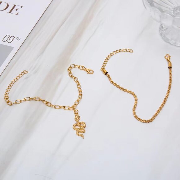 NWOT - Set of 2 Gold Tone Anklets - Rope Chain & Chain with Snake Pendant - Picture 7 of 7